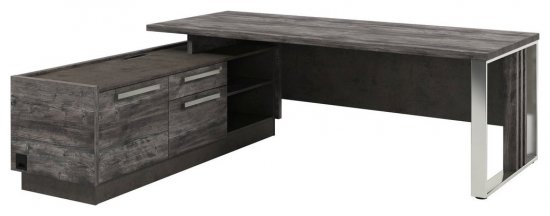 Стол левый с опорной тумбой и металлической опорой с блоком розеток