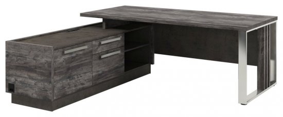 Стол левый с опорной тумбой и металлической опорой с блоком розеток