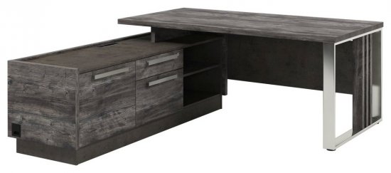 Стол левый с опорной тумбой и металлической опорой с блоком розеток