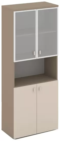 Шкаф высокий широкий (2 низких фасада ЛДСП + 2 низких фасада стекло в раме)